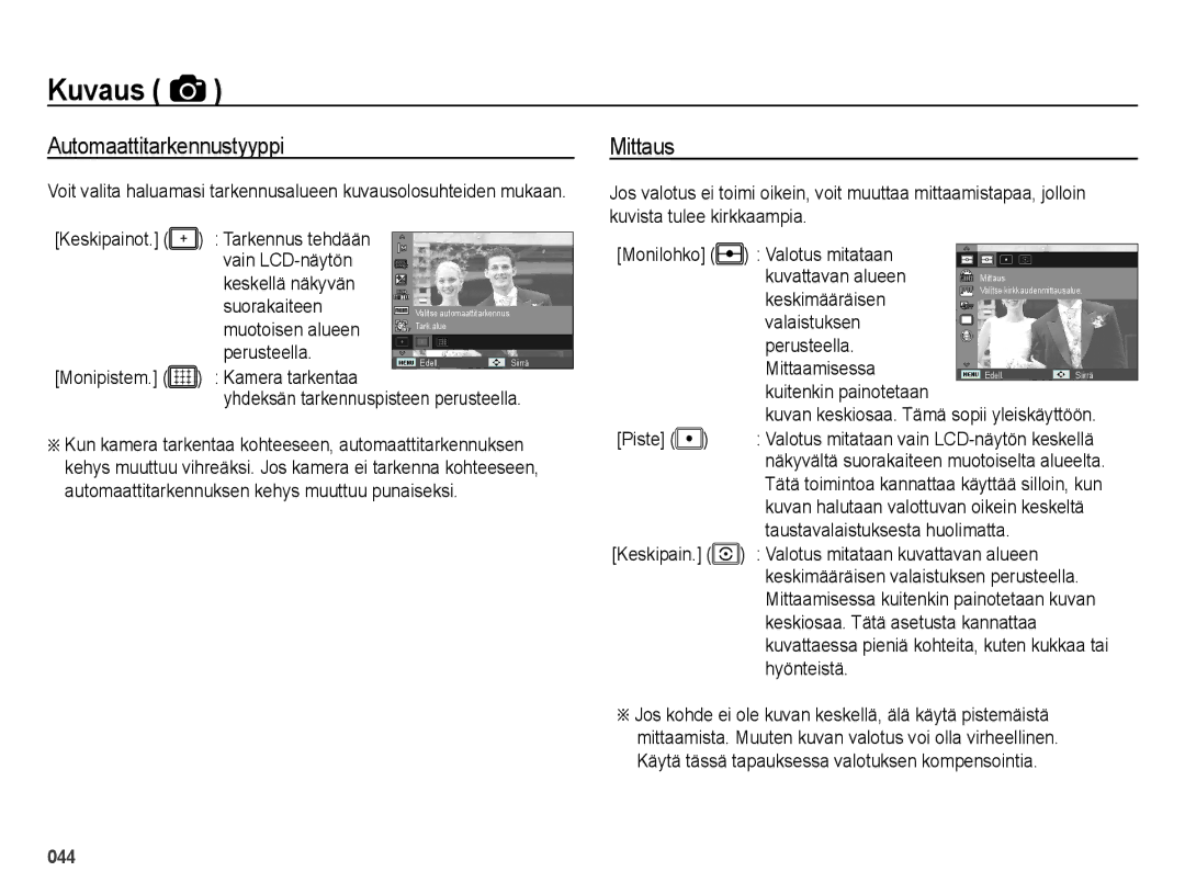 Samsung EC-ES65ZZBPSE2, EC-ES65ZZBPPE2, EC-ES65ZZBPBE2 manual Automaattitarkennustyyppi, Mittaus 