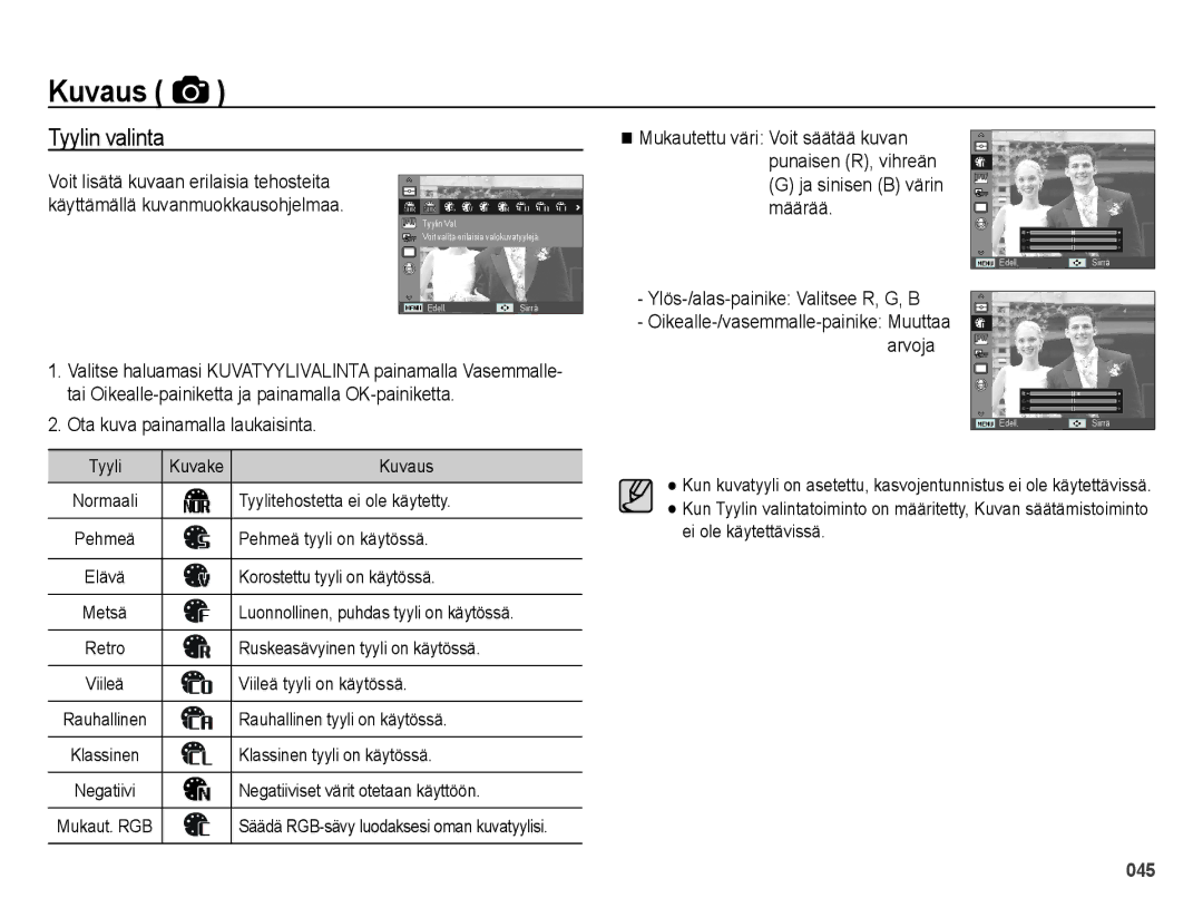 Samsung EC-ES65ZZBPPE2, EC-ES65ZZBPSE2, EC-ES65ZZBPBE2 manual Tyylin valinta 