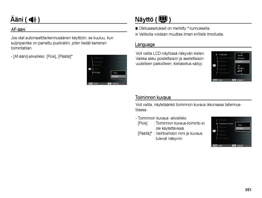 Samsung EC-ES65ZZBPPE2, EC-ES65ZZBPSE2, EC-ES65ZZBPBE2 manual Näyttö, Language, Toiminnon kuvaus 