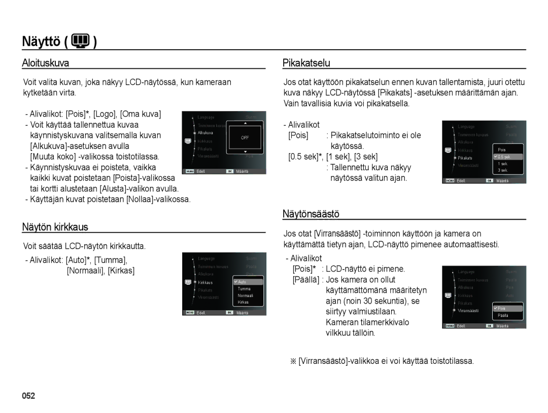 Samsung EC-ES65ZZBPBE2, EC-ES65ZZBPSE2, EC-ES65ZZBPPE2 manual Aloituskuva, Näytön kirkkaus Pikakatselu, Näytönsäästö 