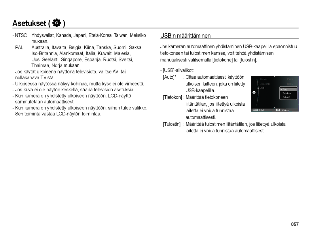 Samsung EC-ES65ZZBPPE2, EC-ES65ZZBPSE2, EC-ES65ZZBPBE2 manual USBn määrittäminen, USB-alivalikot Auto 