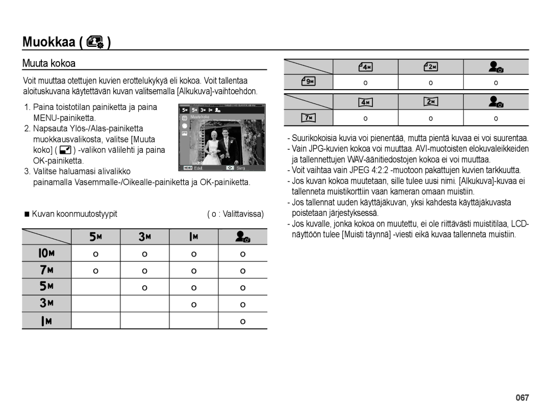 Samsung EC-ES65ZZBPBE2, EC-ES65ZZBPSE2 manual Muokkaa, Muuta kokoa, MENU-painiketta, OK-painiketta, Kuvan koonmuutostyypit 