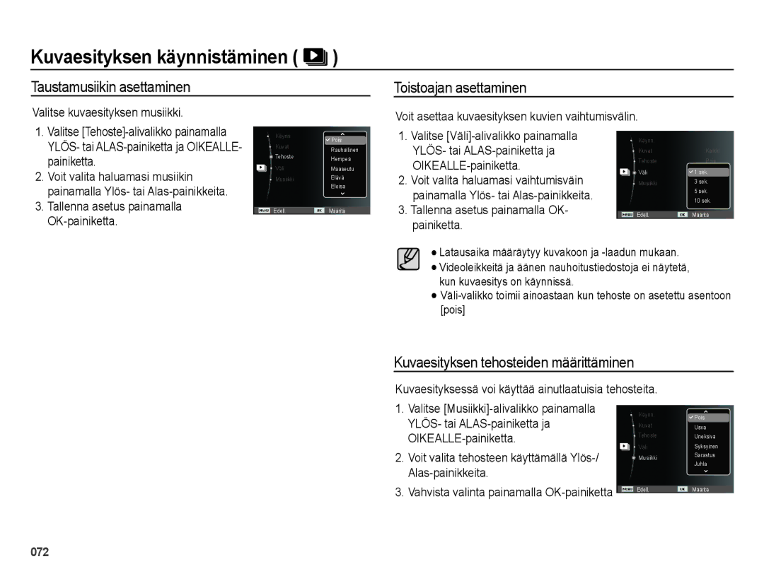 Samsung EC-ES65ZZBPPE2 manual Taustamusiikin asettaminen Toistoajan asettaminen, Kuvaesityksen tehosteiden määrittäminen 