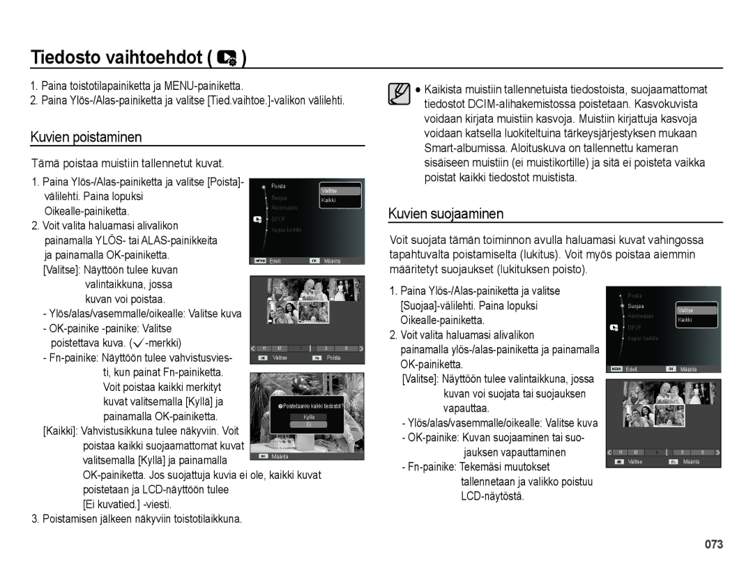 Samsung EC-ES65ZZBPBE2, EC-ES65ZZBPSE2, EC-ES65ZZBPPE2 manual Tiedosto vaihtoehdot, Kuvien poistaminen, Kuvien suojaaminen 