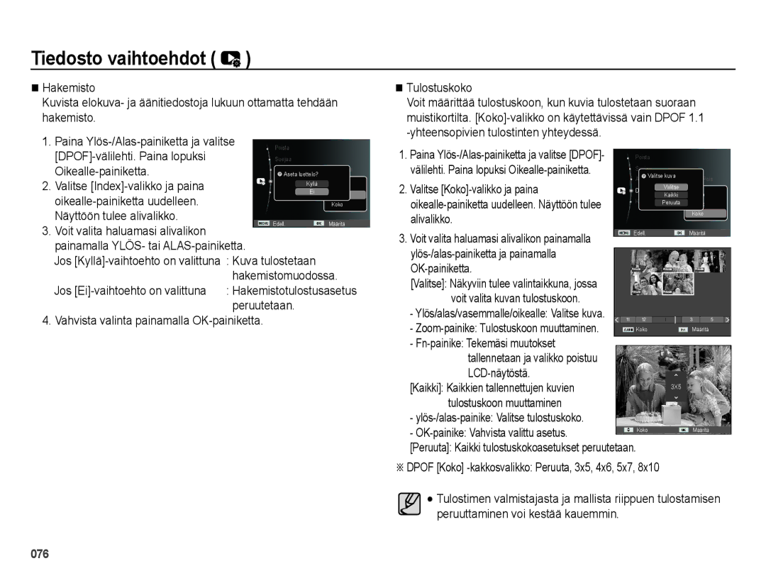 Samsung EC-ES65ZZBPBE2 Tulostuskoko, Valitse Index-valikko ja paina, Oikealle-painiketta uudelleen, Hakemistomuodossa 