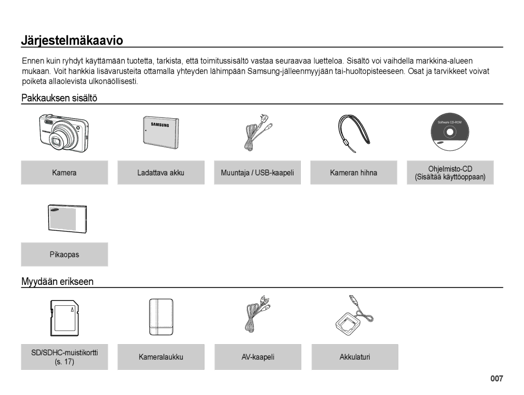 Samsung EC-ES65ZZBPBE2, EC-ES65ZZBPSE2, EC-ES65ZZBPPE2 manual Järjestelmäkaavio, Pakkauksen sisältö, Myydään erikseen 