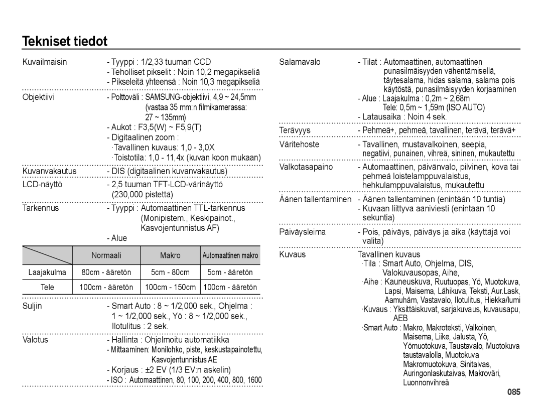 Samsung EC-ES65ZZBPBE2, EC-ES65ZZBPSE2, EC-ES65ZZBPPE2 manual Tekniset tiedot 