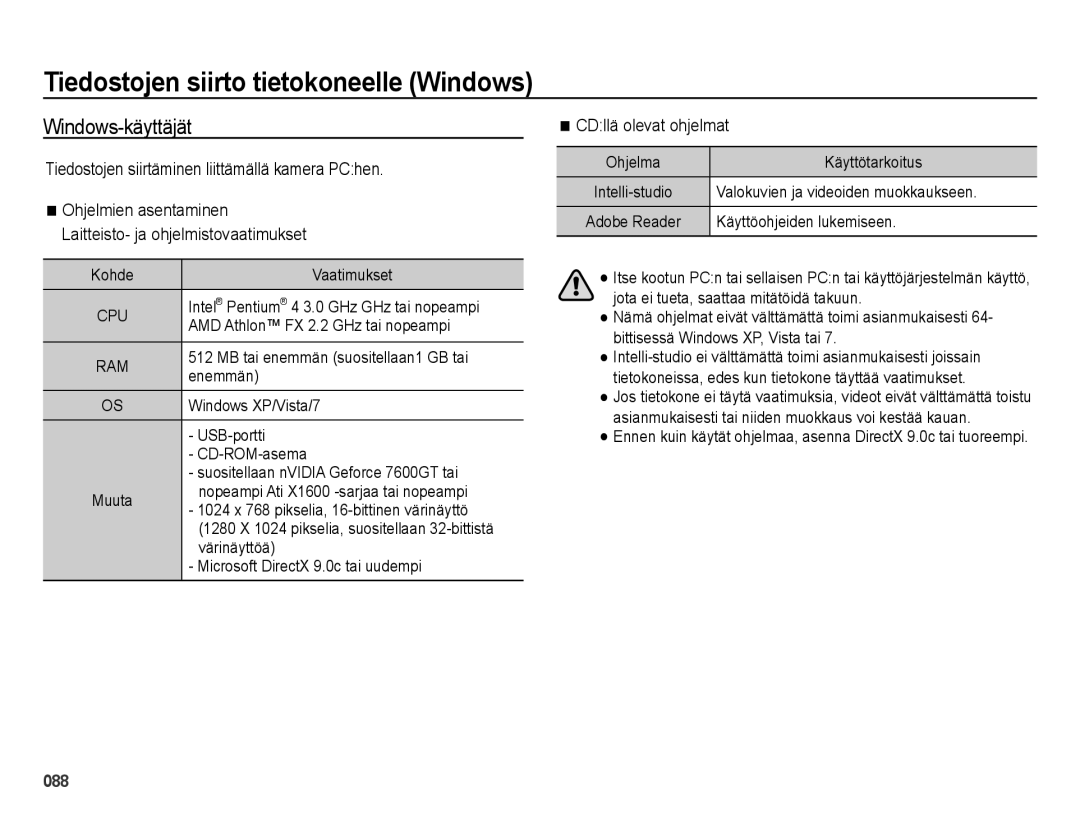 Samsung EC-ES65ZZBPBE2, EC-ES65ZZBPSE2 Tiedostojen siirto tietokoneelle Windows, Windows-käyttäjät, CDllä olevat ohjelmat 