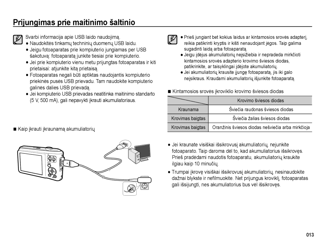 Samsung EC-ES65ZZBPBRU manual Kaip įkrauti įkraunamą akumuliatorių, Kintamosios srovės įkroviklio krovimo šviesos diodas 