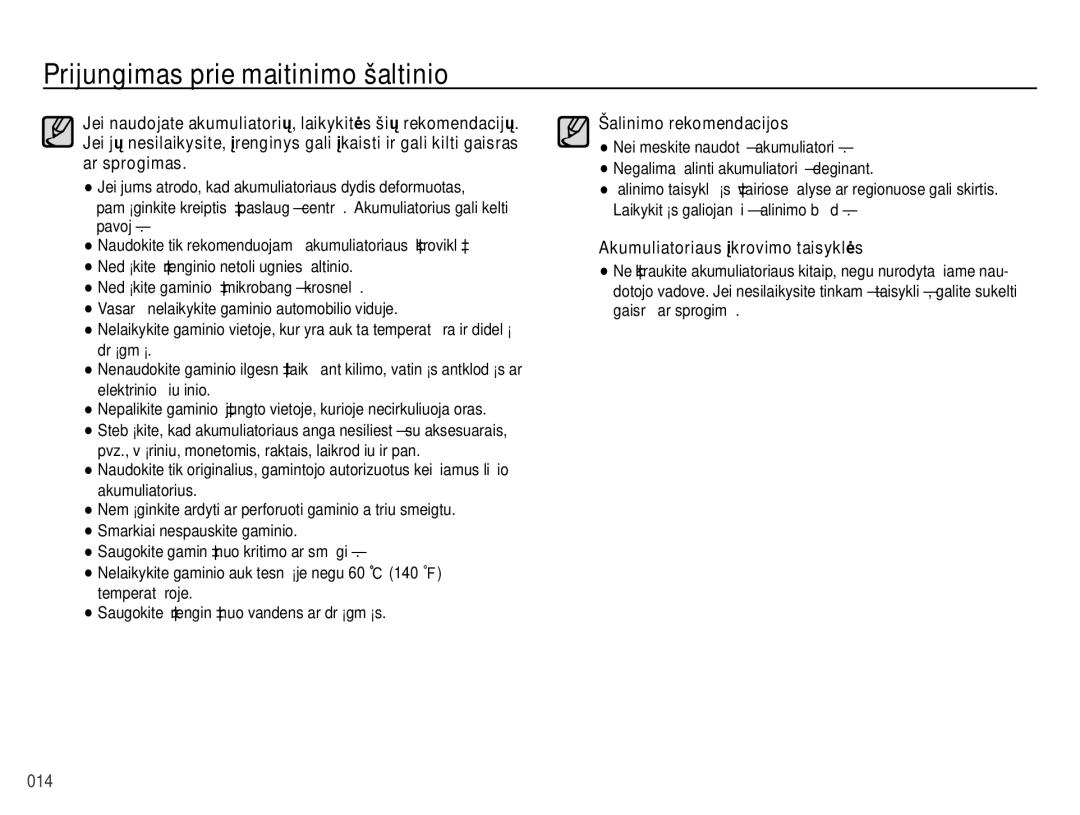 Samsung EC-ES70ZZBPBRU, EC-ES65ZZBPSE2, EC-ES70ZZBPBE2 manual Šalinimo rekomendacijos, Akumuliatoriaus įkrovimo taisyklės 