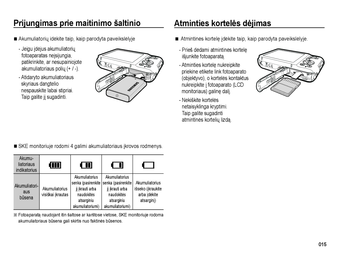 Samsung EC-ES65ZZBPSE2, EC-ES70ZZBPBE2 Atminties kortelės dėjimas, Akumuliatorių idėkite taip, kaip parodyta paveikslėlyje 