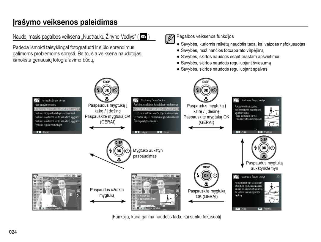 Samsung EC-ES70ZZBPBE2 Paspaudus mygtuką į Kairę / į dešinę, Paspaudus mygtuką Aukštyn/žemyn, Paspauskite mygtuką 