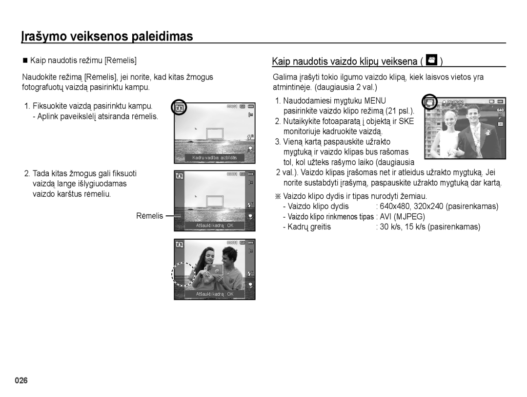 Samsung EC-ES65ZZBPSRU, EC-ES65ZZBPSE2 Kaip naudotis vaizdo klipų veiksena, Vaizdo klipo dydis ir tipas nurodyti žemiau 