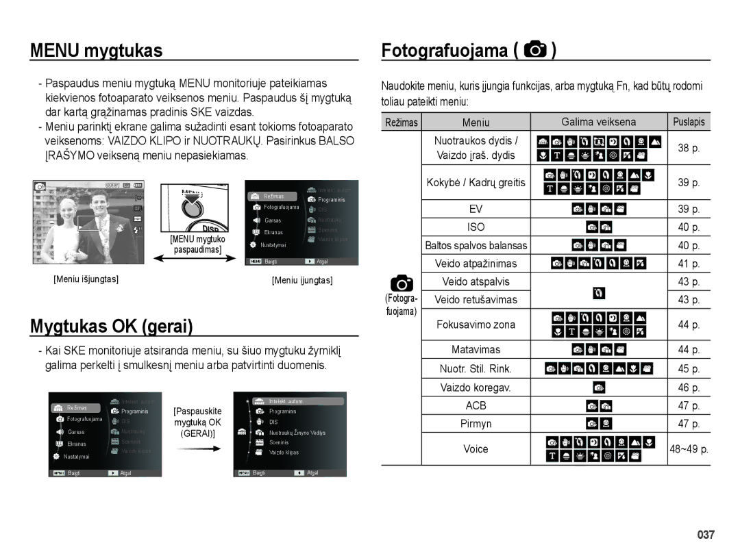 Samsung EC-ES65ZZBPBRU, EC-ES65ZZBPSE2 manual Menu mygtukas Fotografuojama, Mygtukas OK gerai, Toliau pateikti meniu 