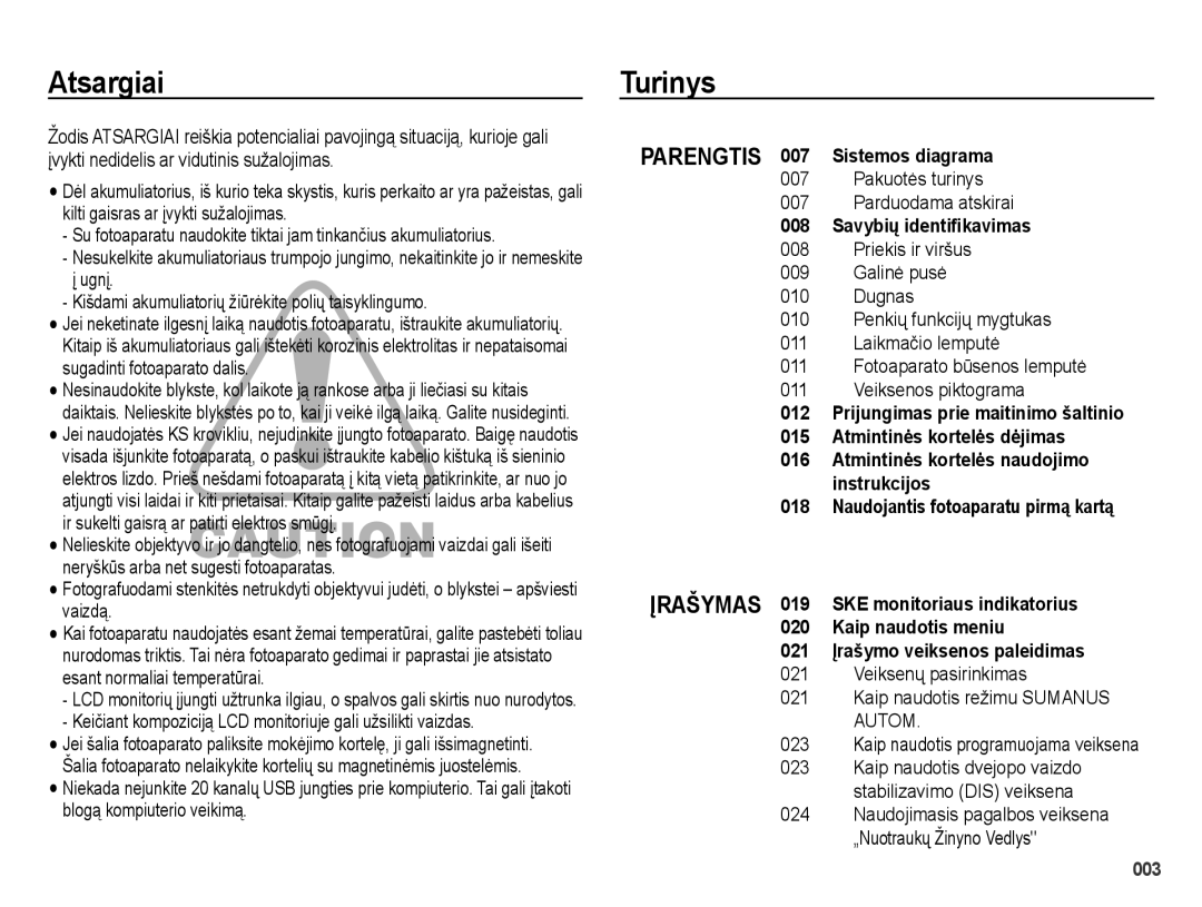 Samsung EC-ES70ZZBPSRU, EC-ES65ZZBPSE2, EC-ES70ZZBPBE2 Atsargiai, Turinys, Sistemos diagrama, Savybių identiﬁkavimas, 012 