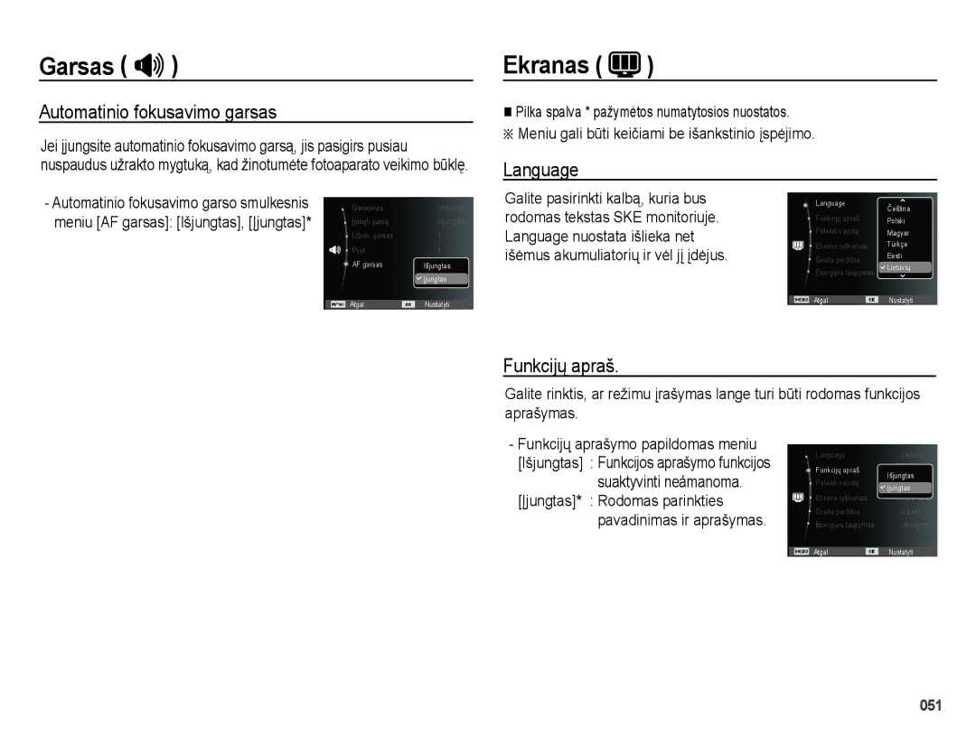 Samsung EC-ES70ZZBPSRU manual Ekranas, Automatinio fokusavimo garsas, Language, Funkcijų apraš, Suaktyvinti neámanoma 