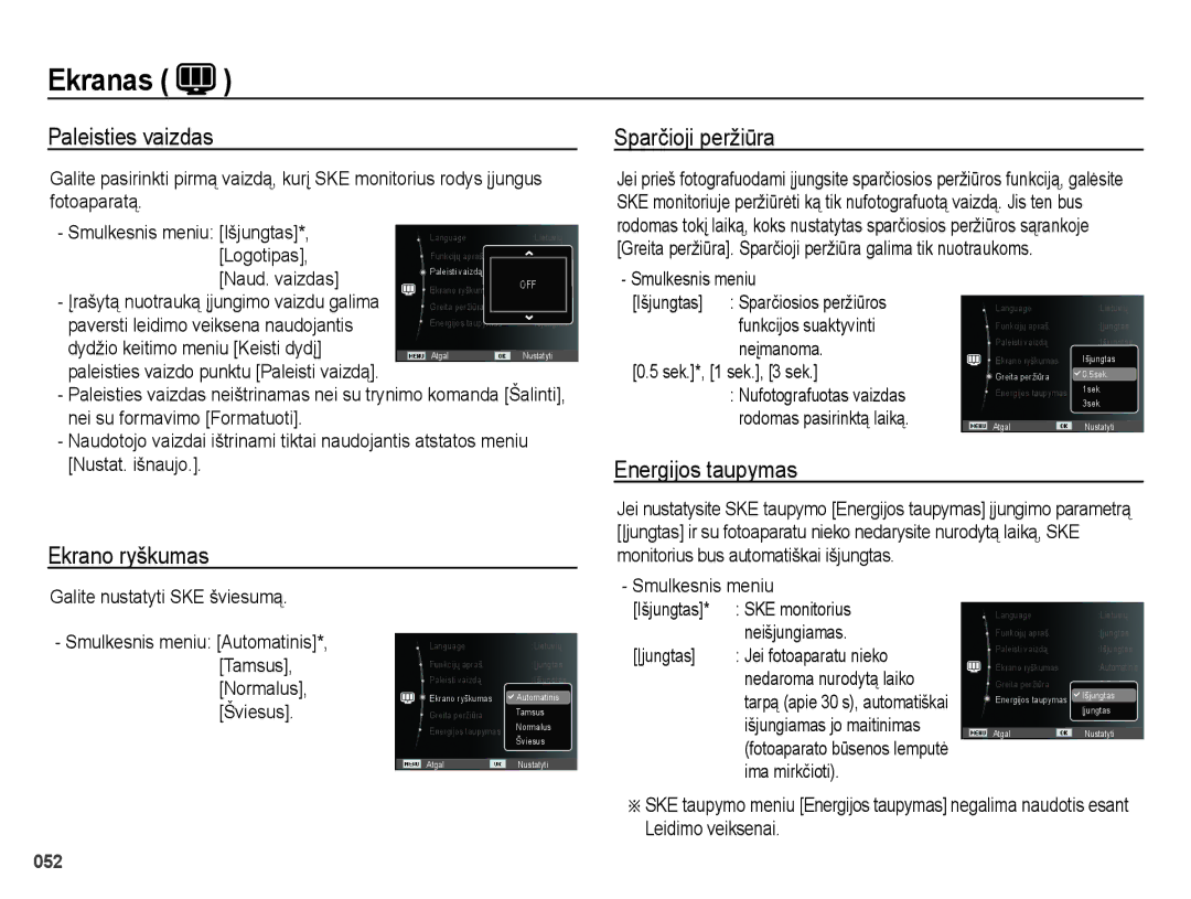 Samsung EC-ES65ZZBPPRU, EC-ES65ZZBPSE2 manual Paleisties vaizdas, Sparčioji peržiūra, Ekrano ryškumas Energijos taupymas 