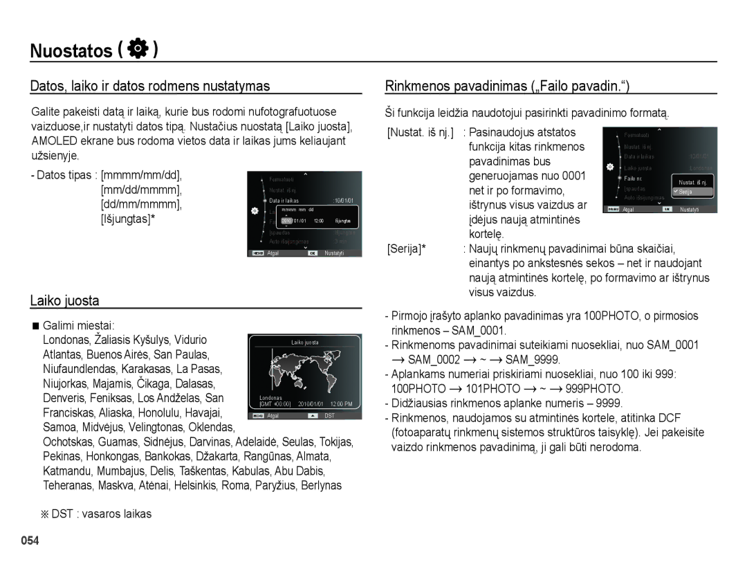 Samsung EC-ES70ZZBPBRU manual Datos, laiko ir datos rodmens nustatymas, Rinkmenos pavadinimas „Failo pavadin, Laiko juosta 