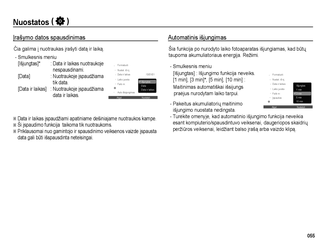 Samsung EC-ES65ZZBPSE2 Įrašymo datos spausdinimas Automatinis išjungimas, Nespausdinami, Tik data, Data ir laikas 