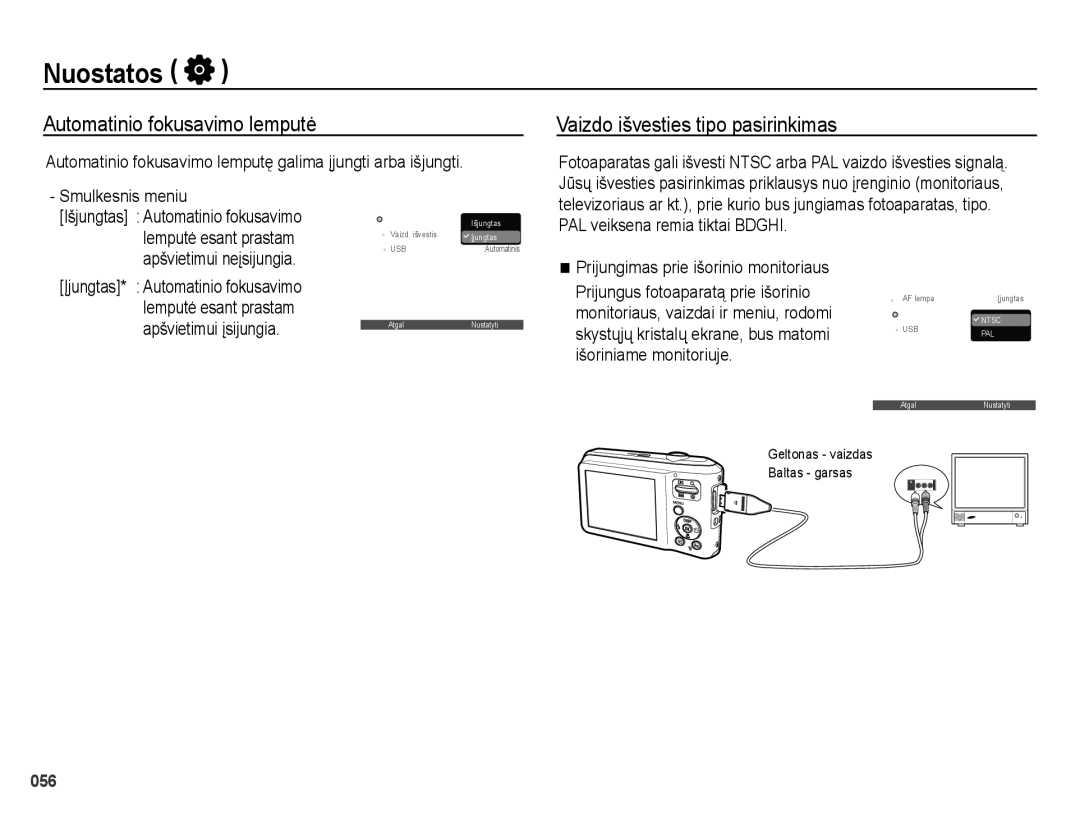 Samsung EC-ES70ZZBPBE2 manual Automatinio fokusavimo lemputė, Vaizdo išvesties tipo pasirinkimas, Apšvietimui įsijungia 