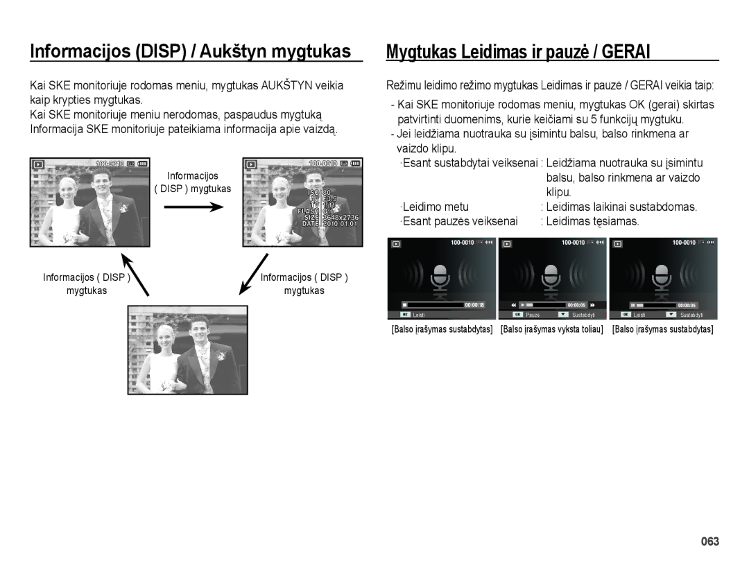 Samsung EC-ES65ZZBPSE2 Mygtukas Leidimas ir pauzė / Gerai, Klipu, ·Leidimo metu, ·Esant pauzės veiksenai Leidimas tęsiamas 