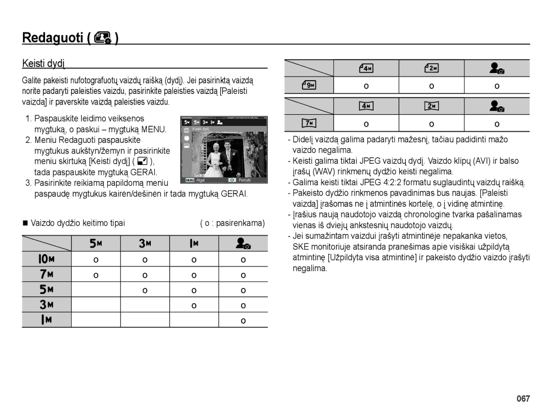 Samsung EC-ES70ZZBPSRU, EC-ES65ZZBPSE2 manual Keisti dydį, Paspauskite leidimo veiksenos, Meniu Redaguoti paspauskite 