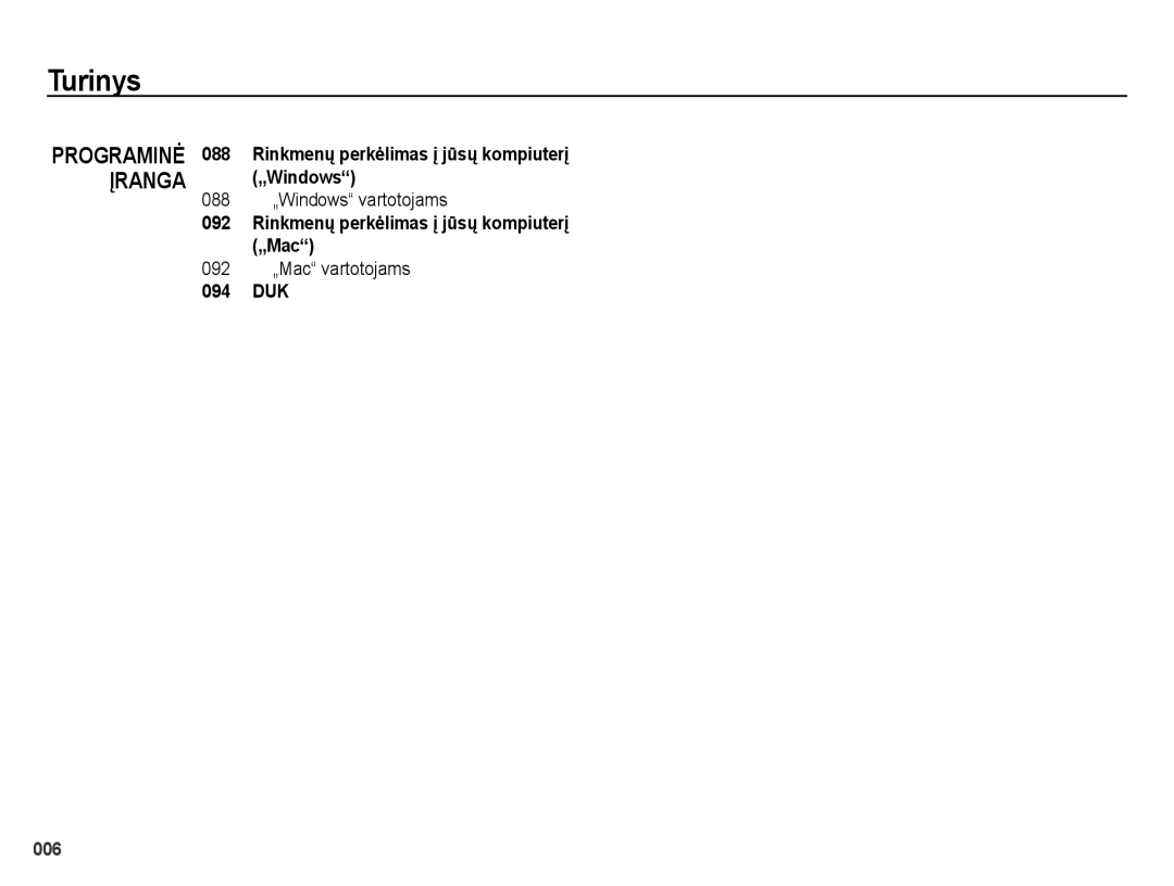 Samsung EC-ES70ZZBPBRU, EC-ES65ZZBPSE2, EC-ES70ZZBPBE2 manual 088 „Windows vartotojams 092, 092 „Mac vartotojams 094 