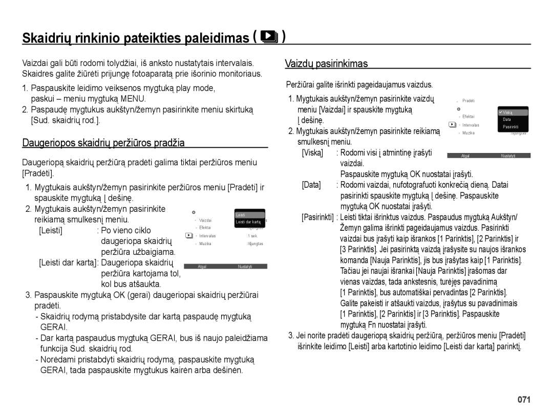 Samsung EC-ES65ZZBPSE2, EC-ES70ZZBPBE2 Skaidrių rinkinio pateikties paleidimas, Daugeriopos skaidrių peržiūros pradžia 