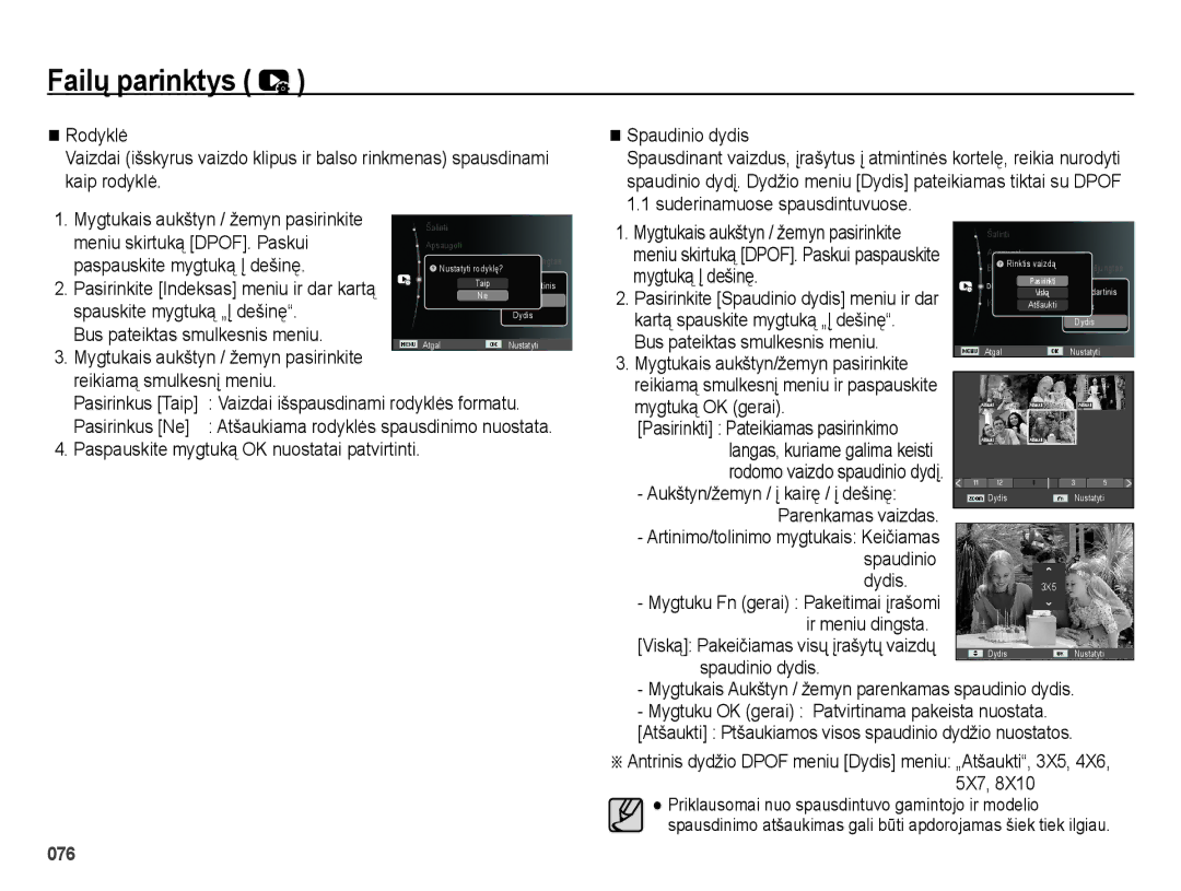 Samsung EC-ES65ZZBPPRU, EC-ES65ZZBPSE2, EC-ES70ZZBPBE2 manual Mygtukais Aukštyn / žemyn parenkamas spaudinio dydis, 5X7 