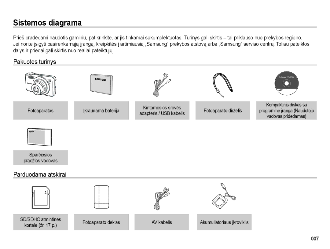 Samsung EC-ES65ZZBPSE2, EC-ES70ZZBPBE2, EC-ES65ZZBPBE2 manual Sistemos diagrama, Pakuotės turinys, Parduodama atskirai 