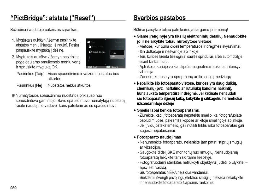 Samsung EC-ES70ZZBPBE2, EC-ES65ZZBPSE2 manual PictBridge atstata Reset Svarbios pastabos, Smėlis labai kenkia fotoaparatams 