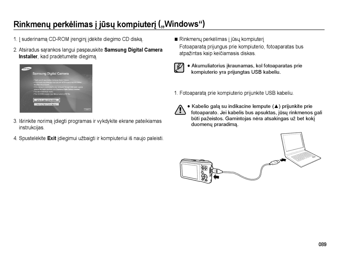 Samsung EC-ES65ZZBPBE2 manual Rinkmenų perkėlimas į jūsų kompiuterį, Fotoaparatą prie kompiuterio prijunkite USB kabeliu 