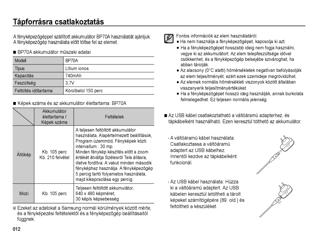 Samsung EC-ES65ZZBPPIT, EC-ES65ZZBPSIT, EC-ES65ZZBPWIT manual Tápforrásra csatlakoztatás, BP70A akkumulátor műszaki adatai 