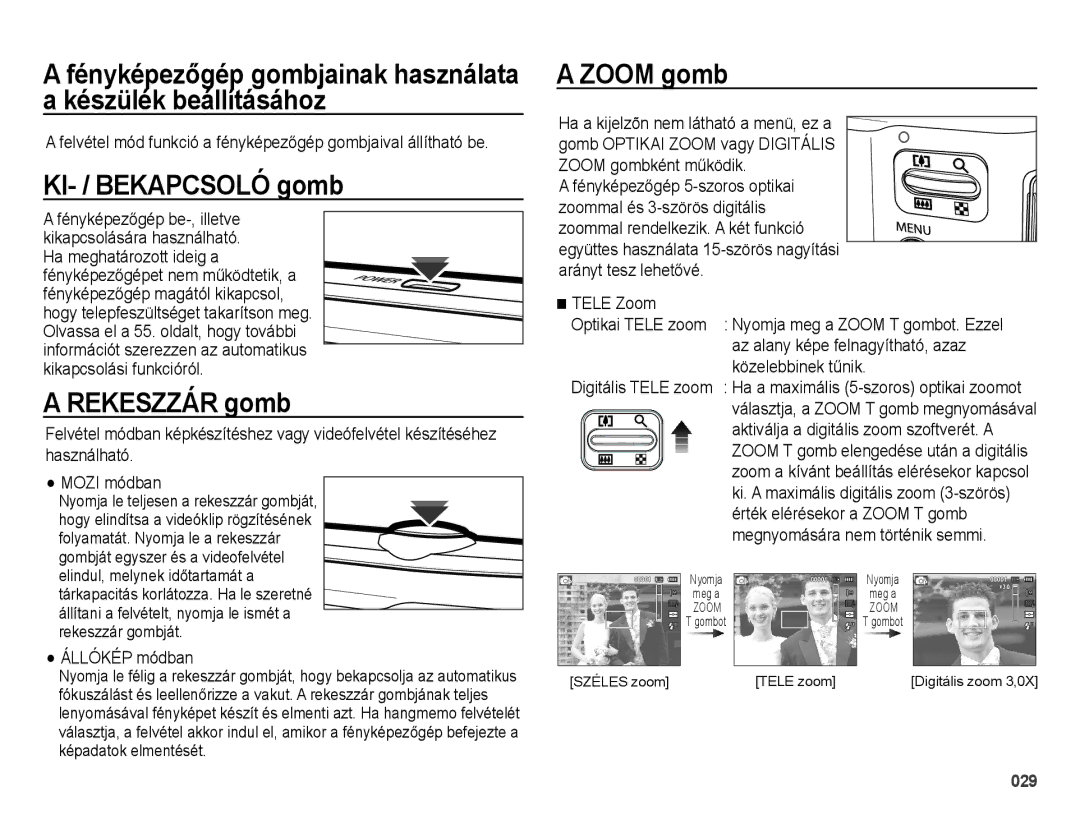 Samsung EC-ES65ZZBPRE3, EC-ES65ZZBPSIT, EC-ES65ZZBPWIT, EC-ES65ZZBPPIT manual KI- / Bekapcsoló gomb, Rekeszzár gomb, Zoom gomb 