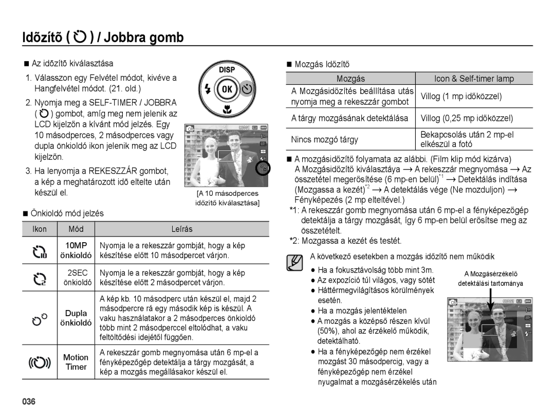 Samsung EC-ES65ZZBPWE3, EC-ES65ZZBPSIT Az idõzítõ kiválasztása, Önkioldó mód jelzés, Mozgás Időzítő Icon & Self-timer lamp 