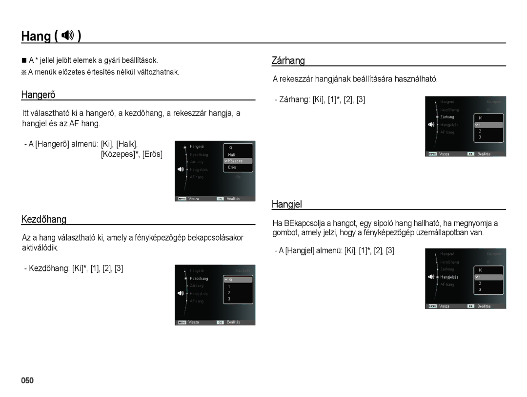 Samsung EC-ES65ZZBPSE3, EC-ES65ZZBPSIT, EC-ES65ZZBPWIT, EC-ES65ZZBPPIT manual Hang , Hangerő, Kezdõhang, Zárhang, Hangjel 