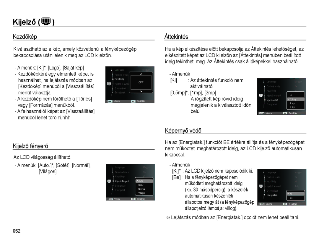 Samsung EC-ES65ZZBPPE2, EC-ES65ZZBPSIT Kezdőkép, Áttekintés, Képernyõ védõ Kijelzõ fényerõ, Almenük Ki*, Logó, Saját kép 