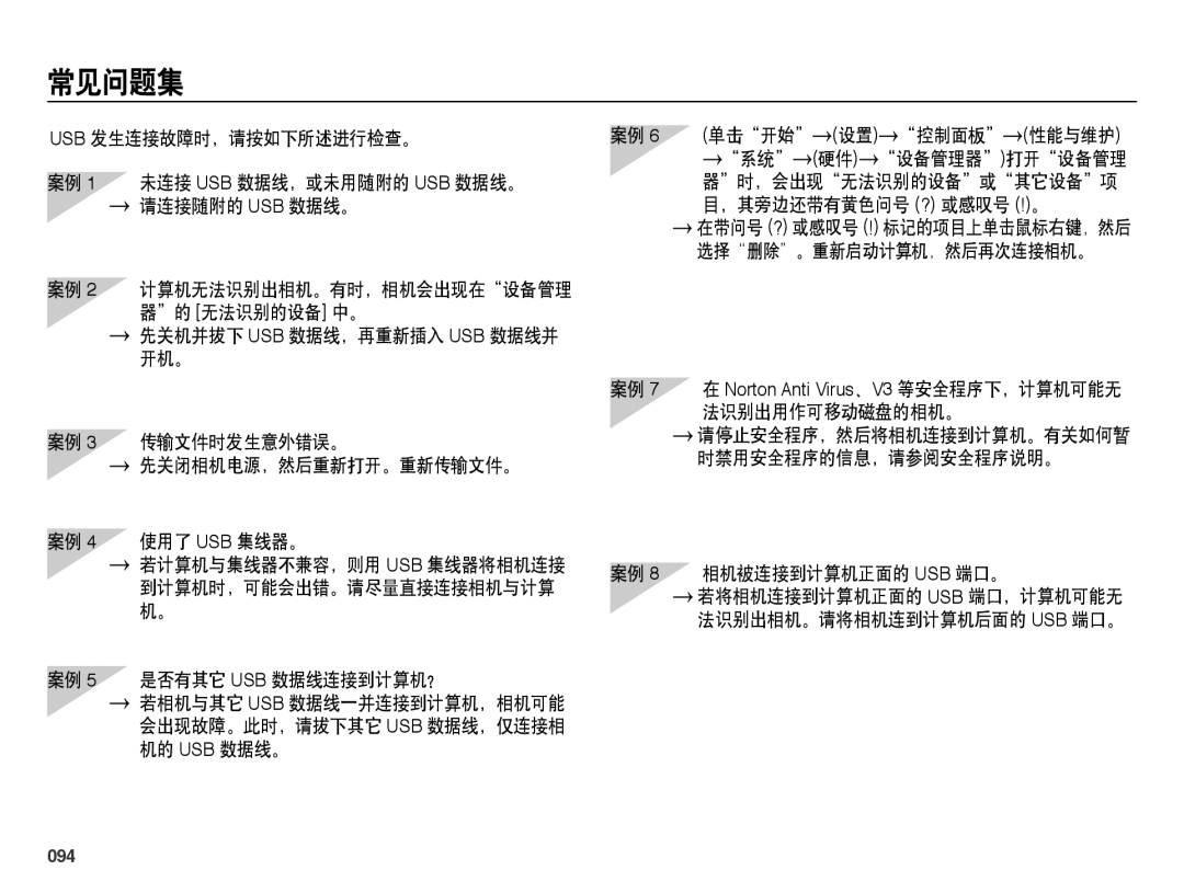 Samsung EC-ES65ZZBPSE3, EC-ES65ZZBPSIT, EC-ES65ZZBPWIT manual 常见问题集, 案例 5 是否有其它 USB 数据线连接到计算机？, 相机被连接到计算机正面的 Usb 端口。, 094 