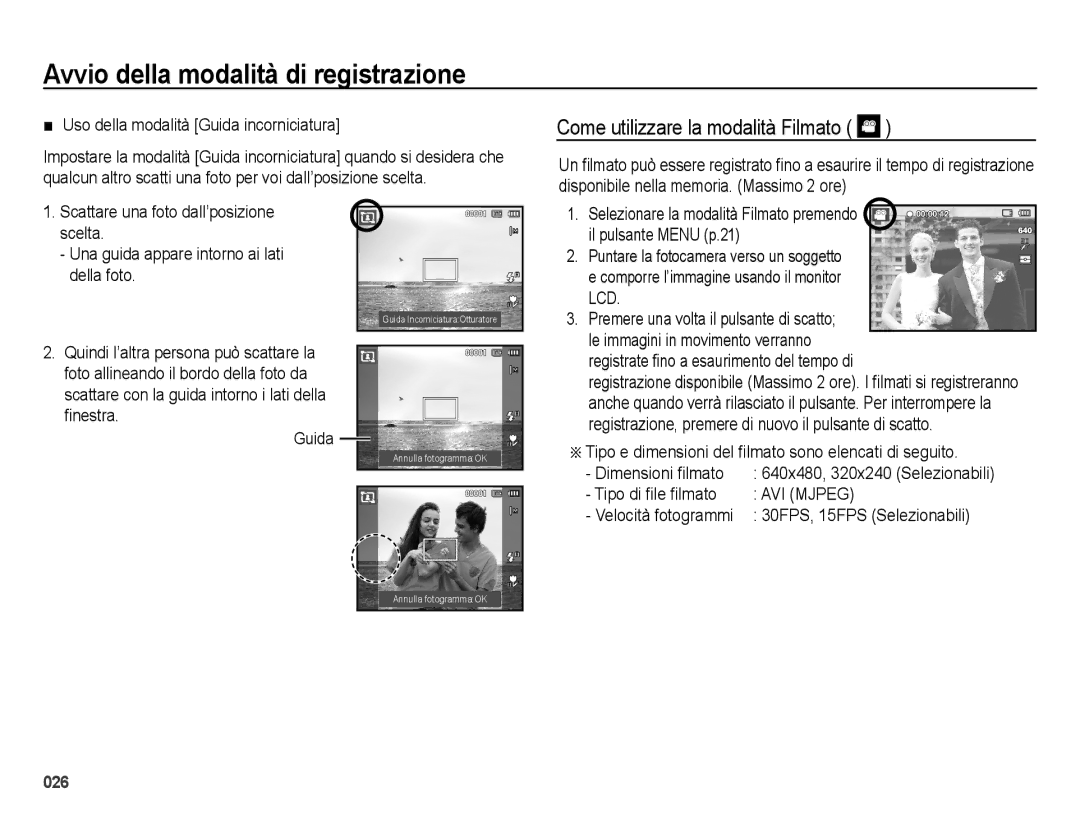 Samsung EC-ES65ZZBPBIT Come utilizzare la modalità Filmato, Uso della modalità Guida incorniciatura, Tipo di ﬁle ﬁlmato 