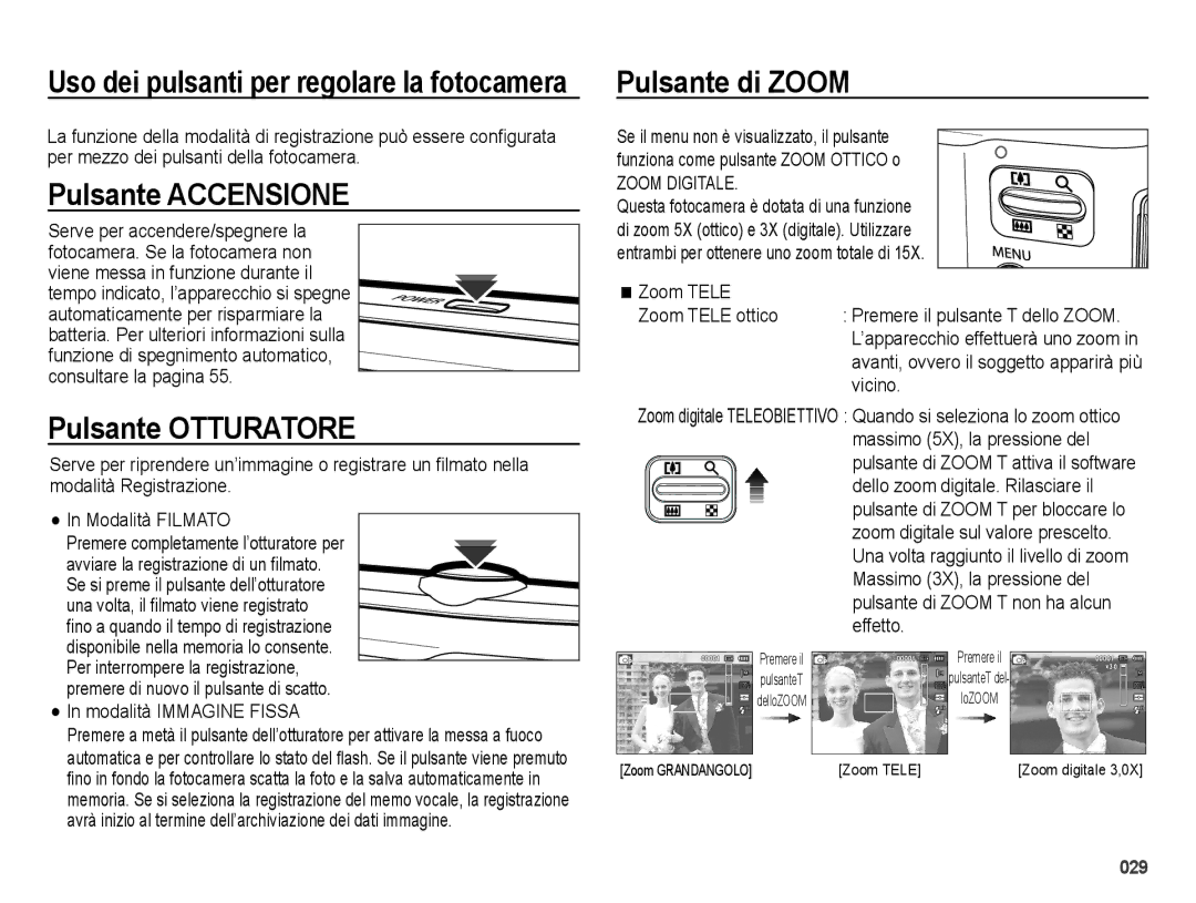 Samsung EC-ES65ZZBPPIT, EC-ES65ZZBPSIT, EC-ES65ZZBPWIT manual Pulsante Accensione, Pulsante Otturatore, Pulsante di Zoom 