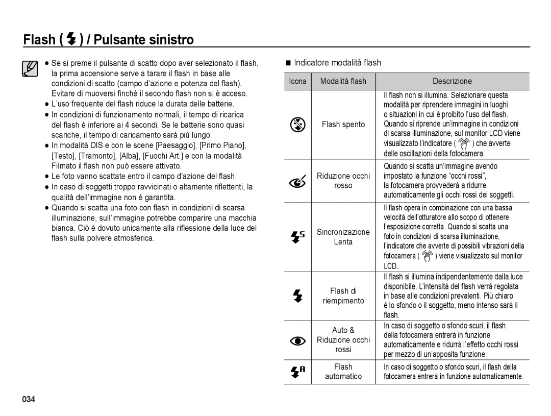 Samsung EC-ES65ZZBPSIT, EC-ES65ZZBPWIT, EC-ES65ZZBPPIT, EC-ES65ZZDPSME Flash / Pulsante sinistro, Indicatore modalità ﬂash 