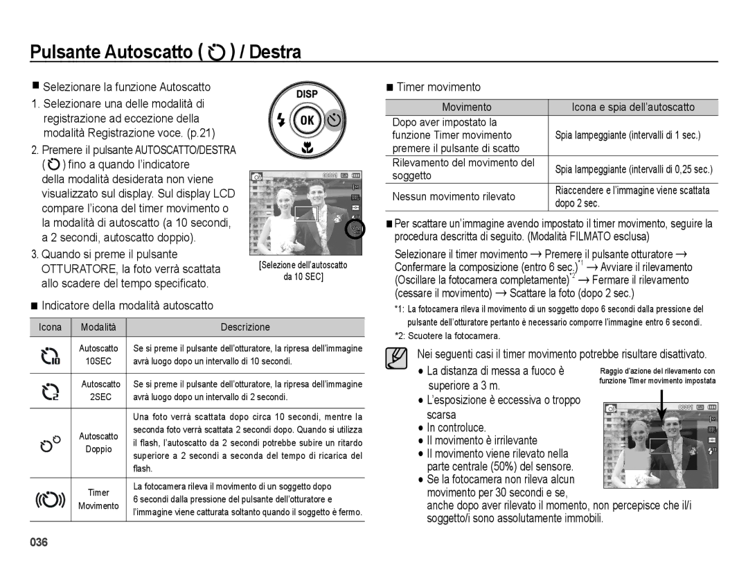 Samsung EC-ES65ZZBPPIT manual Selezionare la funzione Autoscatto, Indicatore della modalità autoscatto, Timer movimento 