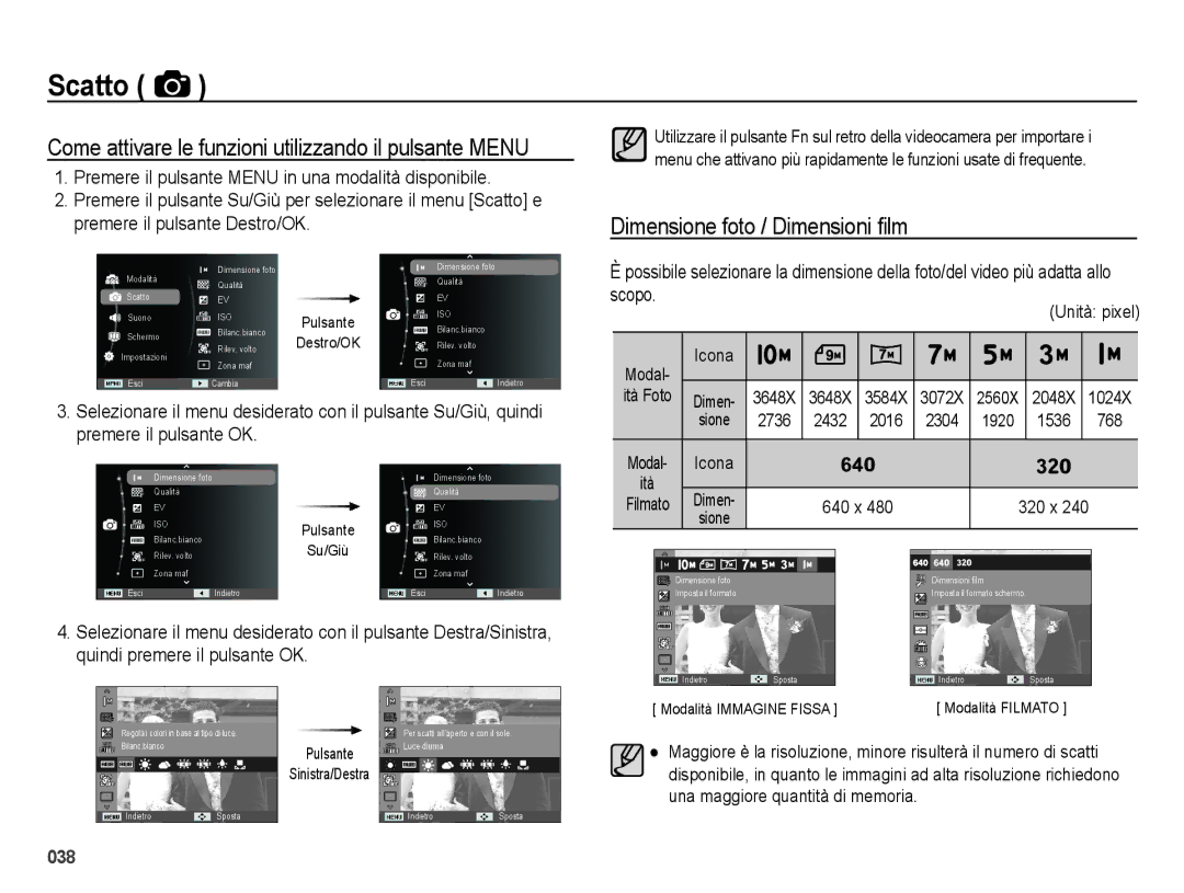 Samsung EC-ES65ZZDPBME manual Come attivare le funzioni utilizzando il pulsante Menu, Dimensione foto / Dimensioni ﬁlm 