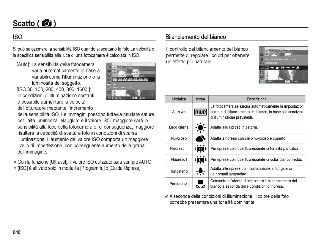 Samsung EC-ES65ZZBPBIT, EC-ES65ZZBPSIT manual Bilanciamento del bianco, Luminosità del soggetto, ISO 80, 100, 200, 400, 800 