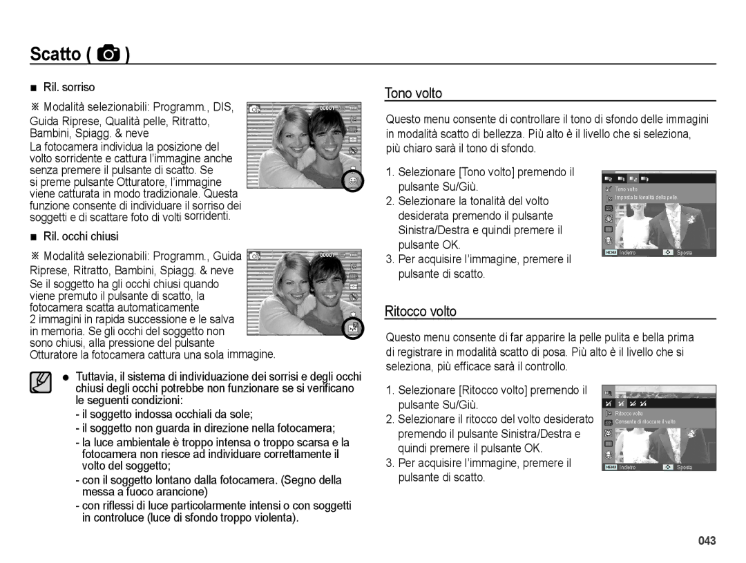 Samsung EC-ES65ZZBPPIT, EC-ES65ZZBPSIT, EC-ES65ZZBPWIT, EC-ES65ZZDPSME, EC-ES65ZZDPBME manual Tono volto, Ritocco volto 