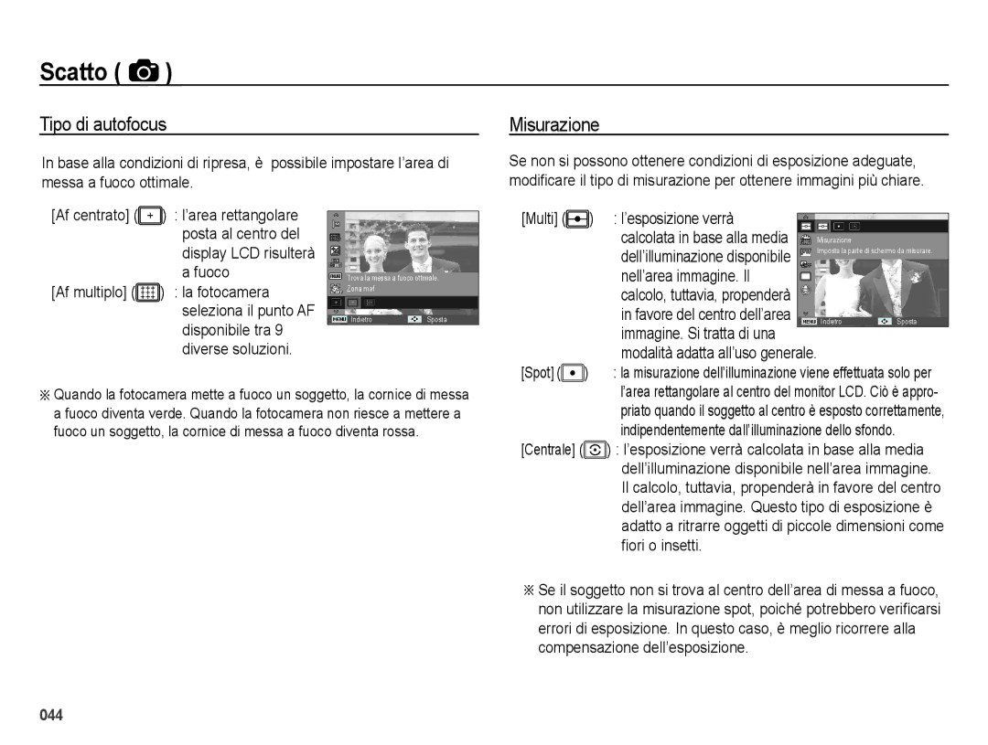 Samsung EC-ES65ZZDPSME, EC-ES65ZZBPSIT, EC-ES65ZZBPWIT, EC-ES65ZZBPPIT, EC-ES65ZZDPBME manual Tipo di autofocus, Misurazione 