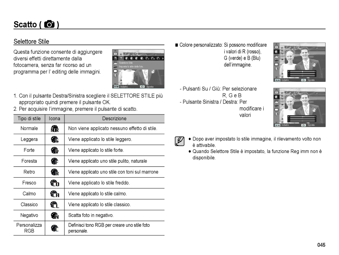 Samsung EC-ES65ZZDPBME manual Selettore Stile, Colore personalizzato Si possono modiﬁcare, E B, Modiﬁcare i valori 