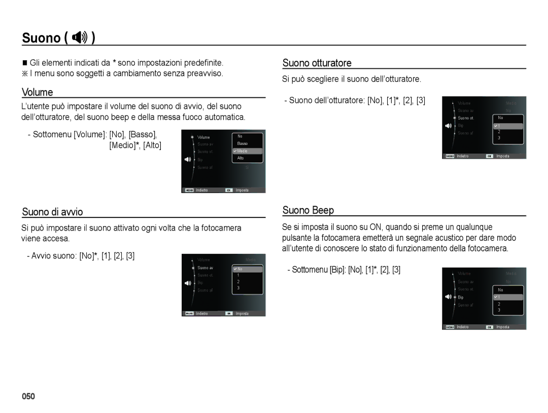 Samsung EC-ES65ZZBPPIT, EC-ES65ZZBPSIT, EC-ES65ZZBPWIT manual Suono , Suono otturatore, Volume, Suono di avvio, Suono Beep 