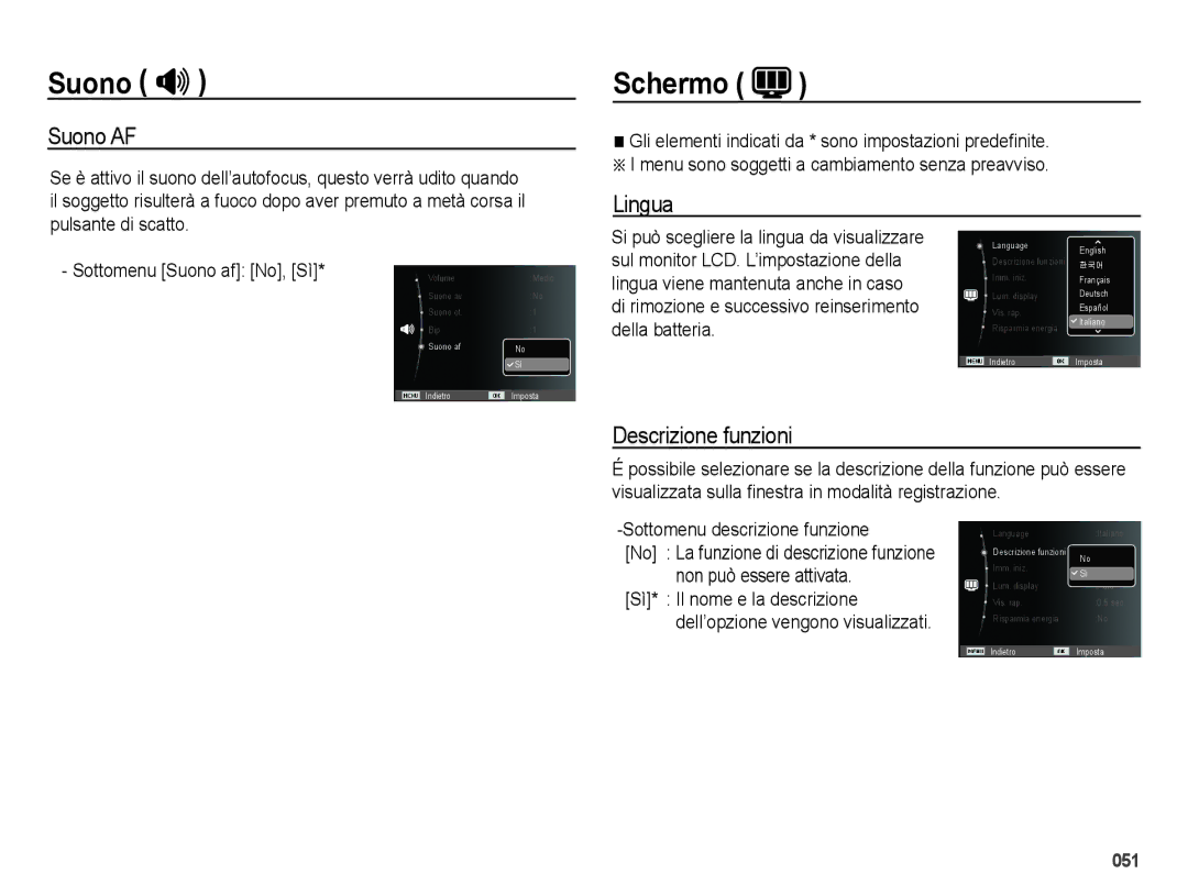 Samsung EC-ES65ZZDPSME, EC-ES65ZZBPSIT Schermo, Suono AF, Lingua, Descrizione funzioni, Sottomenu descrizione funzione 