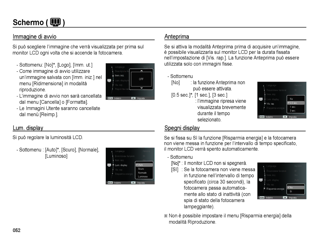 Samsung EC-ES65ZZDPBME, EC-ES65ZZBPSIT, EC-ES65ZZBPWIT manual Immagine di avvio, Anteprima, Lum. display Spegni display 